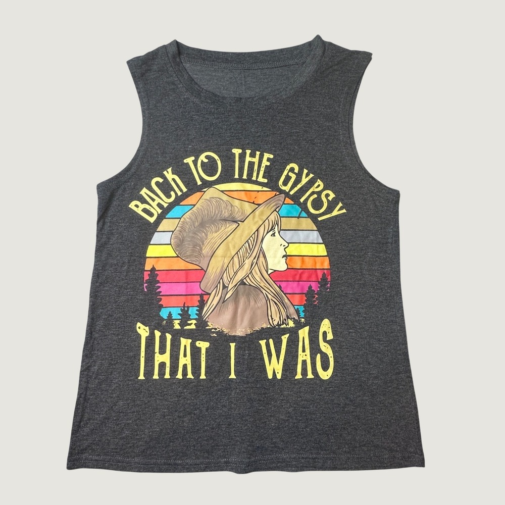 Womens Tank Top Small Back To The Gypsy That I Was Charcoal Graphic EXCL